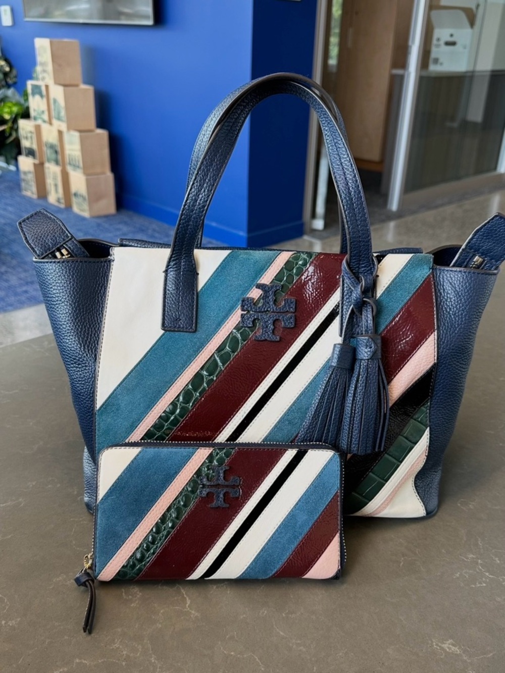 Combo Tory Burch Blue Multi-Stripe Leather Tote with Wallet